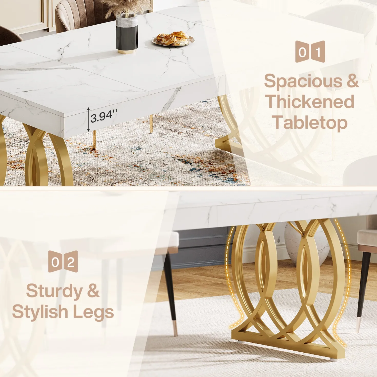 63" Dining Table, Modern Kitchen Table with Faux Marble Tabletop for 4-6