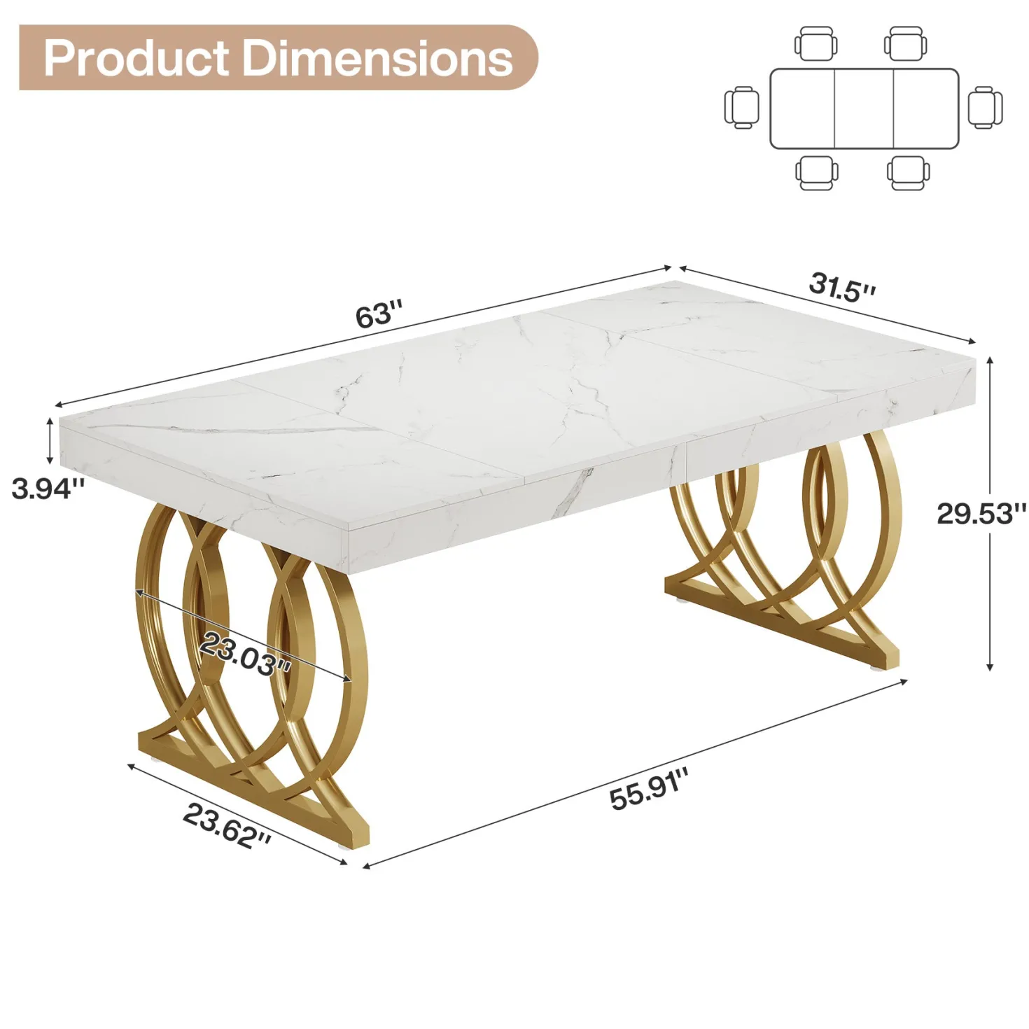 63" Dining Table, Modern Kitchen Table with Faux Marble Tabletop for 4-6