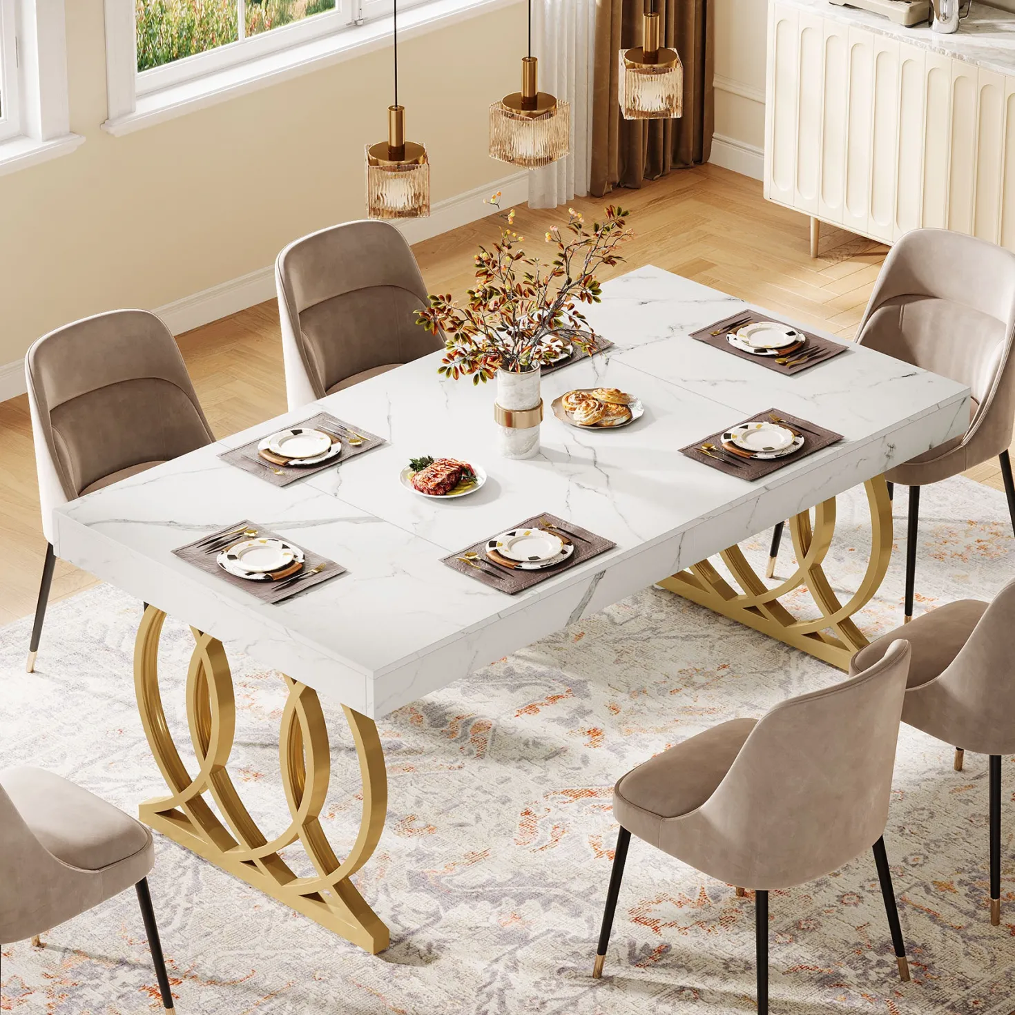63" Dining Table, Modern Kitchen Table with Faux Marble Tabletop for 4-6