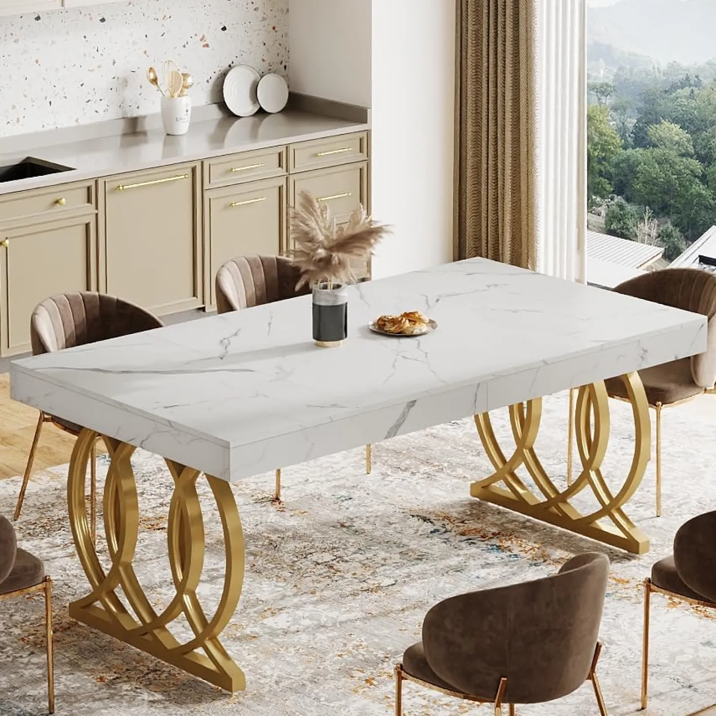 63" Dining Table, Modern Kitchen Table with Faux Marble Tabletop for 4-6