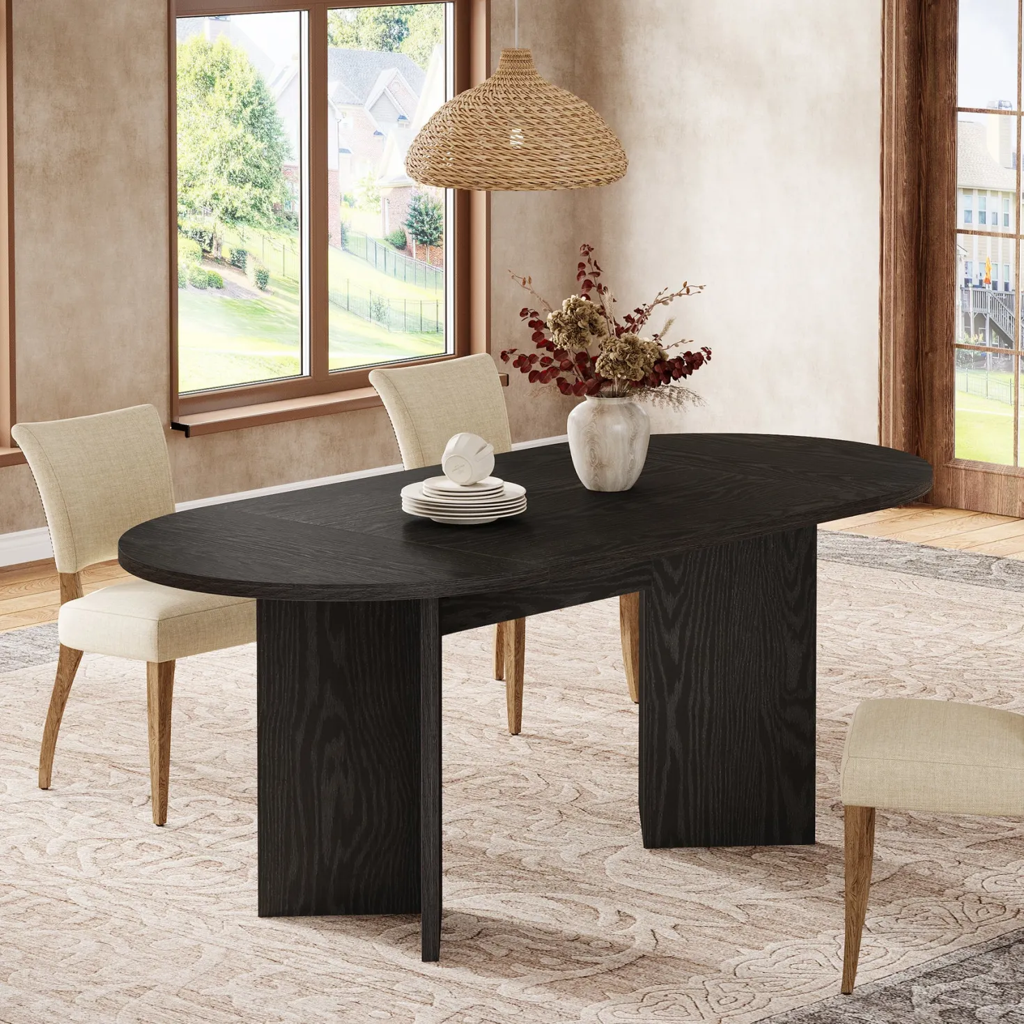 63" Dining Table, Oval Farmhouse Kitchen Table with Strip Base