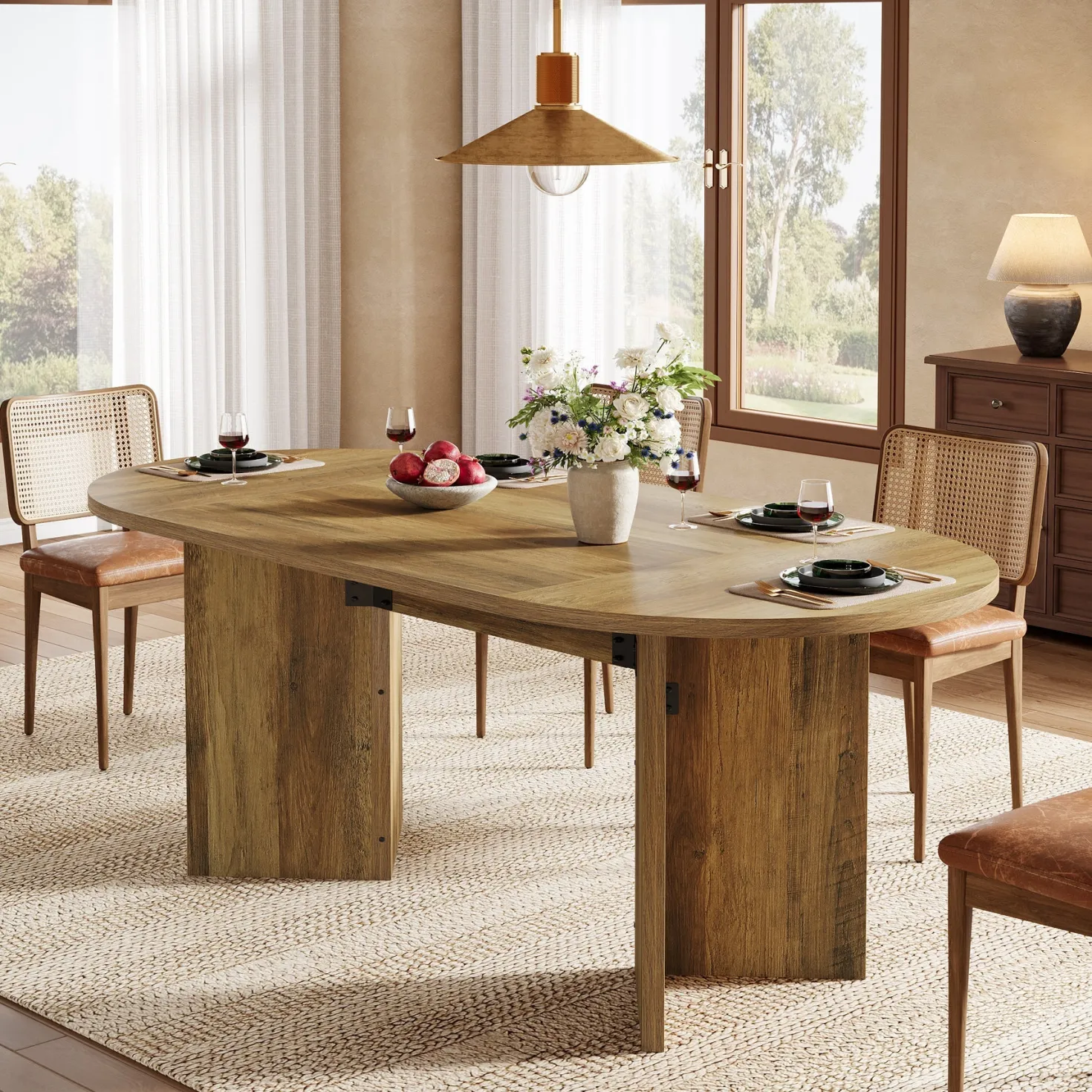 63" Dining Table, Oval Farmhouse Kitchen Table with Strip Base