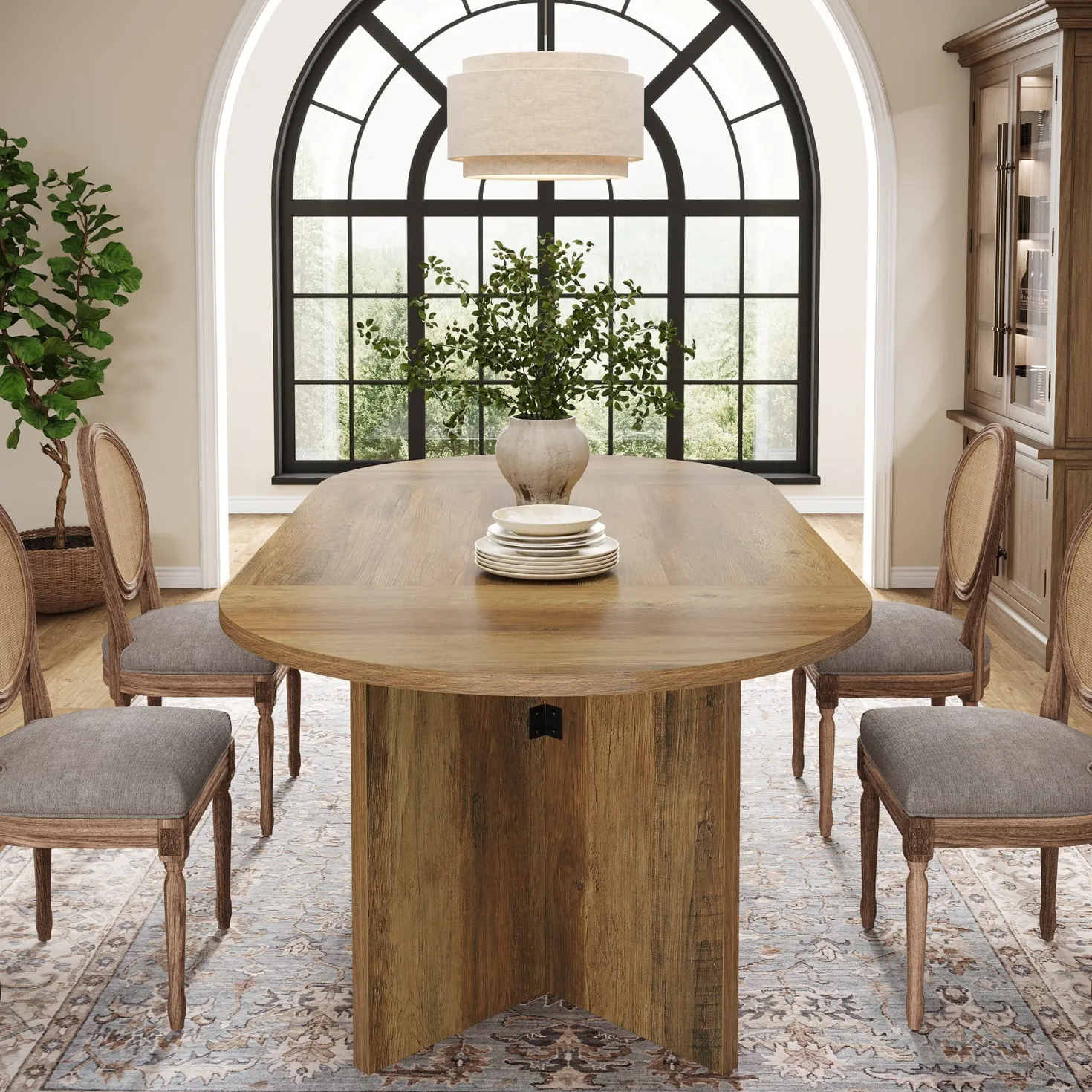 63" Dining Table, Oval Farmhouse Kitchen Table with Strip Base