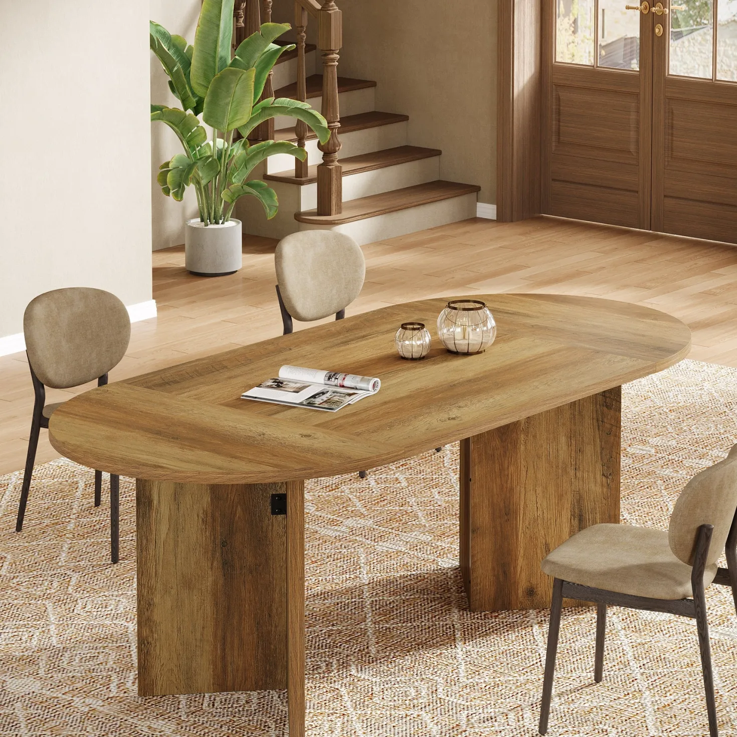 63" Dining Table, Oval Farmhouse Kitchen Table with Strip Base