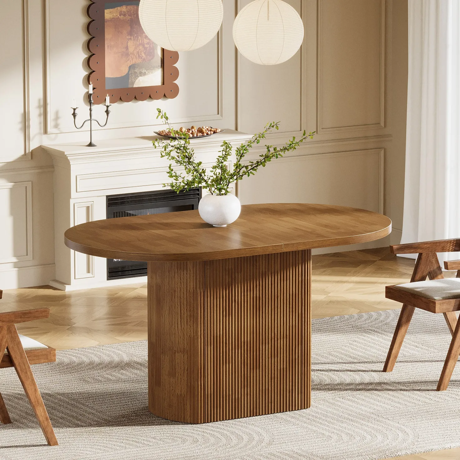 47.24" Dining Table, Oval Kitchen Dinner Table With Hollow Base for 4 People