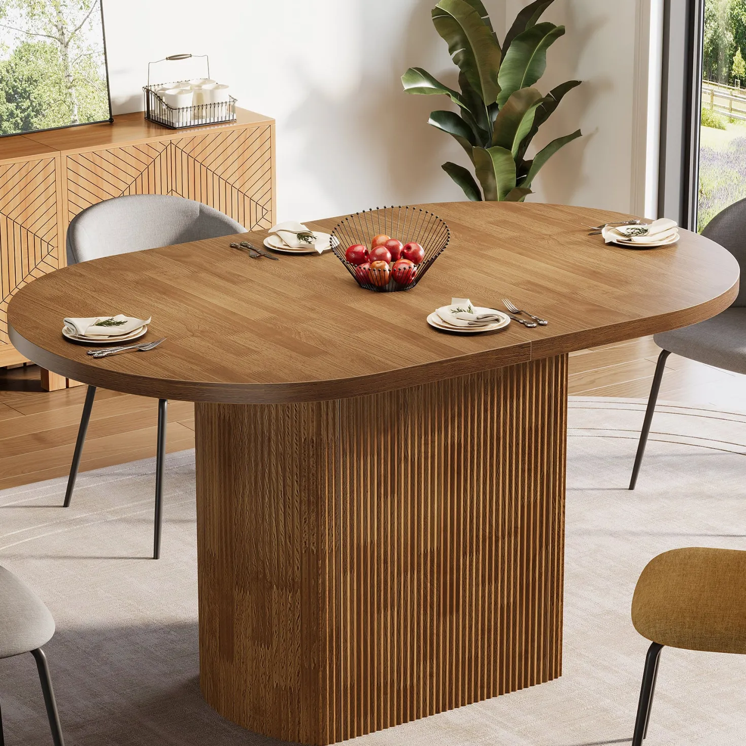 47.24" Dining Table, Oval Kitchen Dinner Table With Hollow Base for 4 People