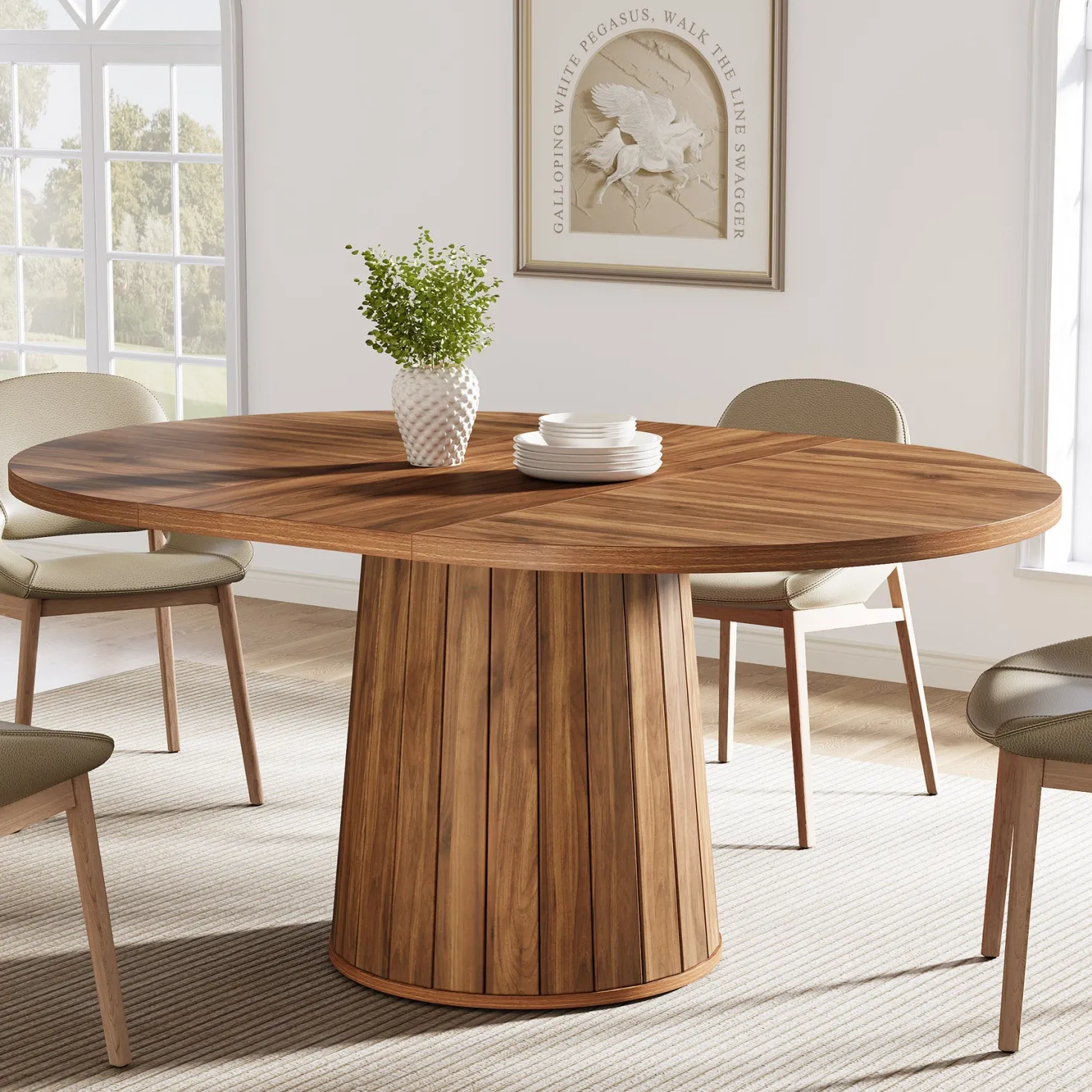 55" Dining Table, Oval Kitchen Dinner Table with Cylindrical Pedestal