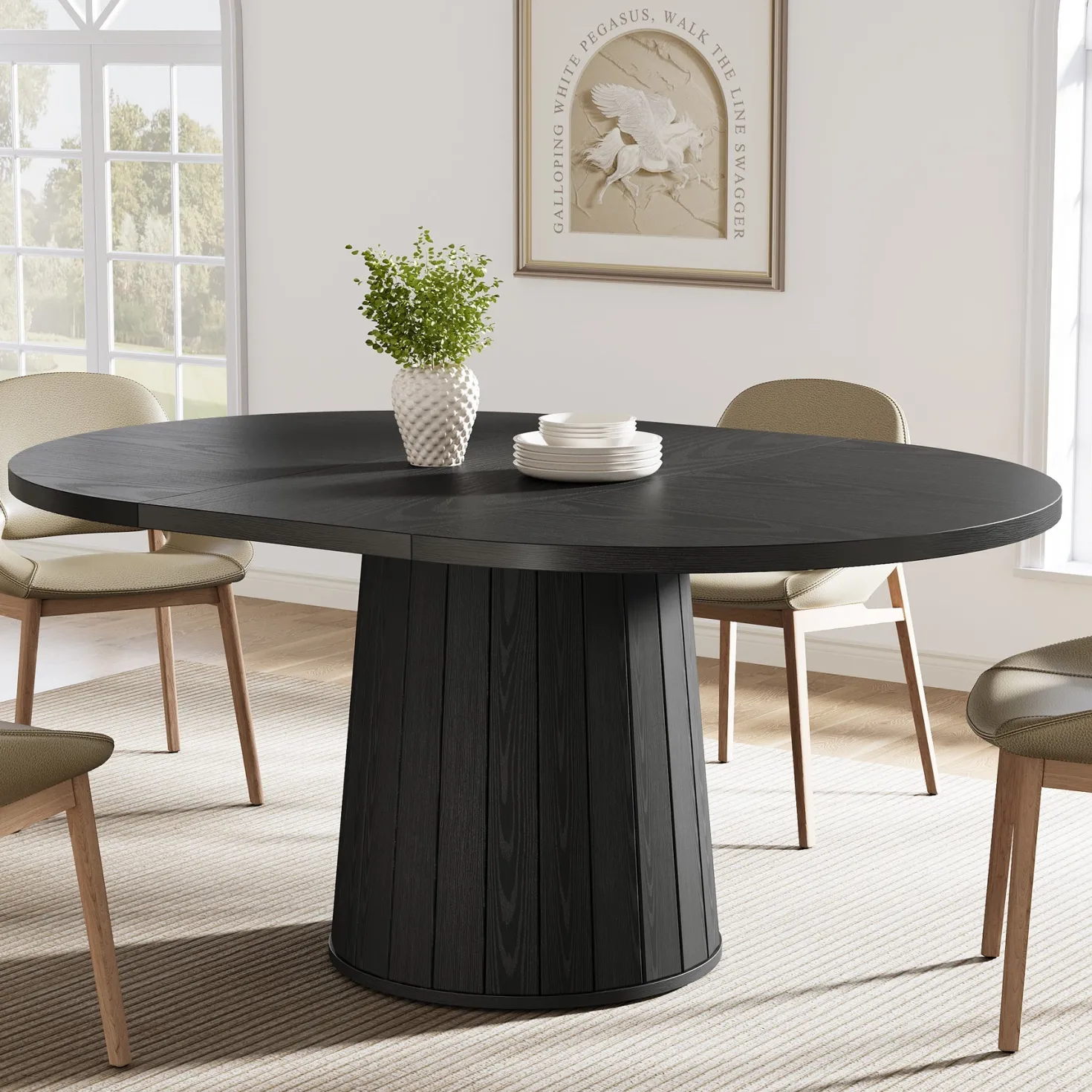 55" Dining Table, Oval Kitchen Dinner Table with Cylindrical Pedestal