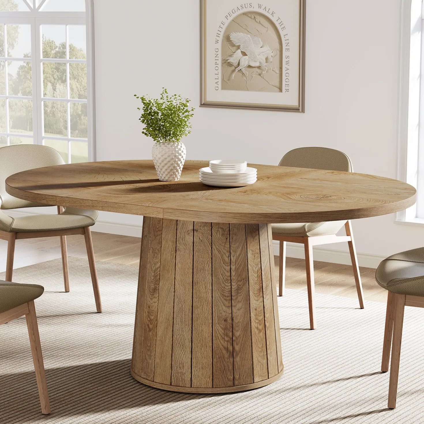 55" Dining Table, Oval Kitchen Dinner Table with Cylindrical Pedestal