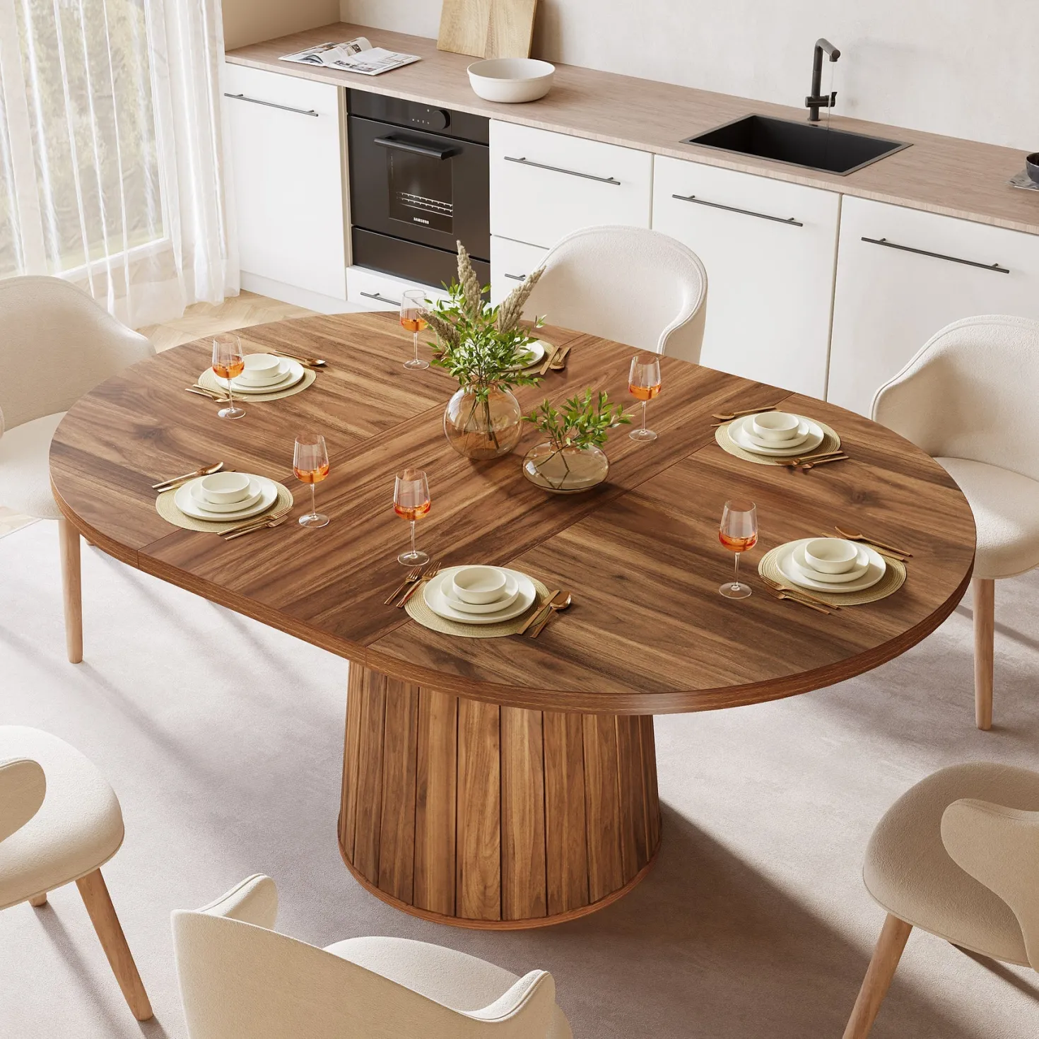 55" Dining Table, Oval Kitchen Dinner Table with Cylindrical Pedestal