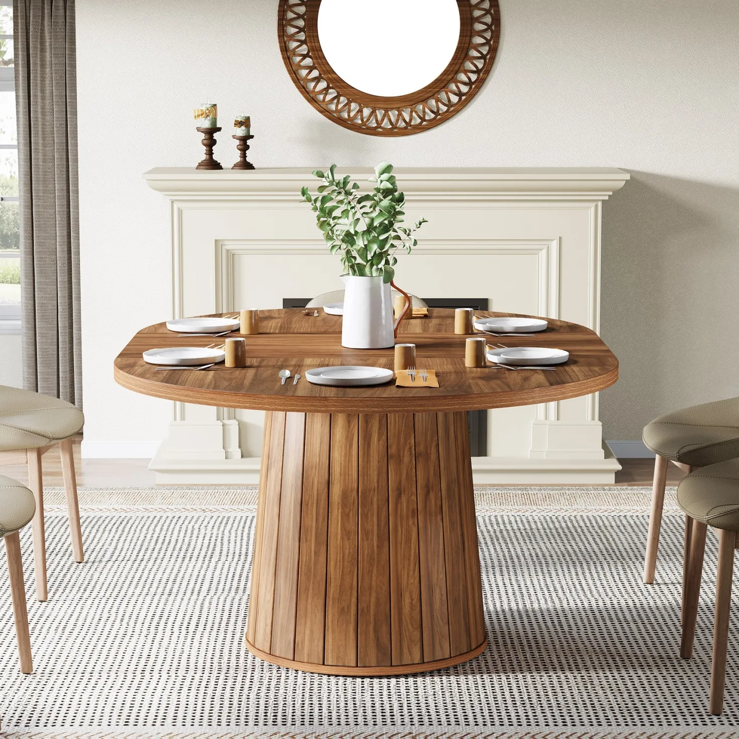 55" Dining Table, Oval Kitchen Dinner Table with Cylindrical Pedestal