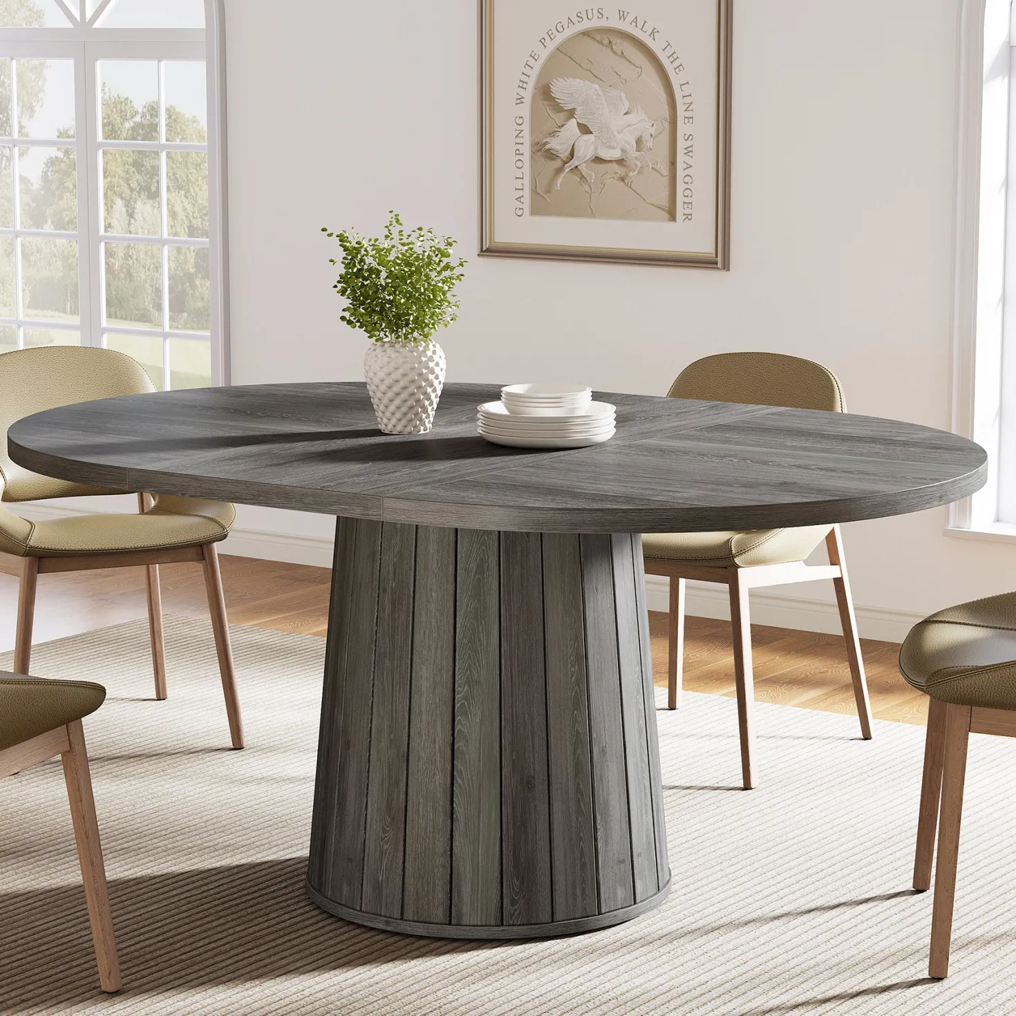 55" Dining Table, Oval Kitchen Dinner Table with Cylindrical Pedestal