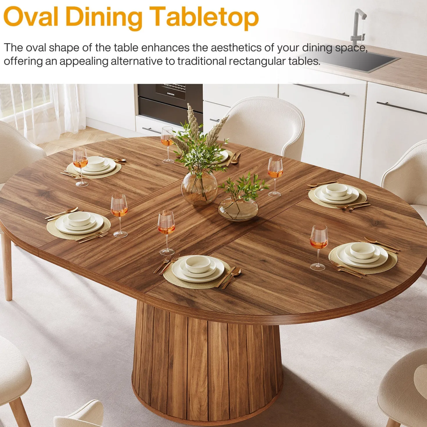 55" Dining Table, Oval Kitchen Dinner Table with Cylindrical Pedestal