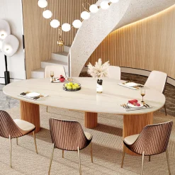 86" Dining Table, Oval -Shaped Stone Kitchen Dinner Table for 6 People