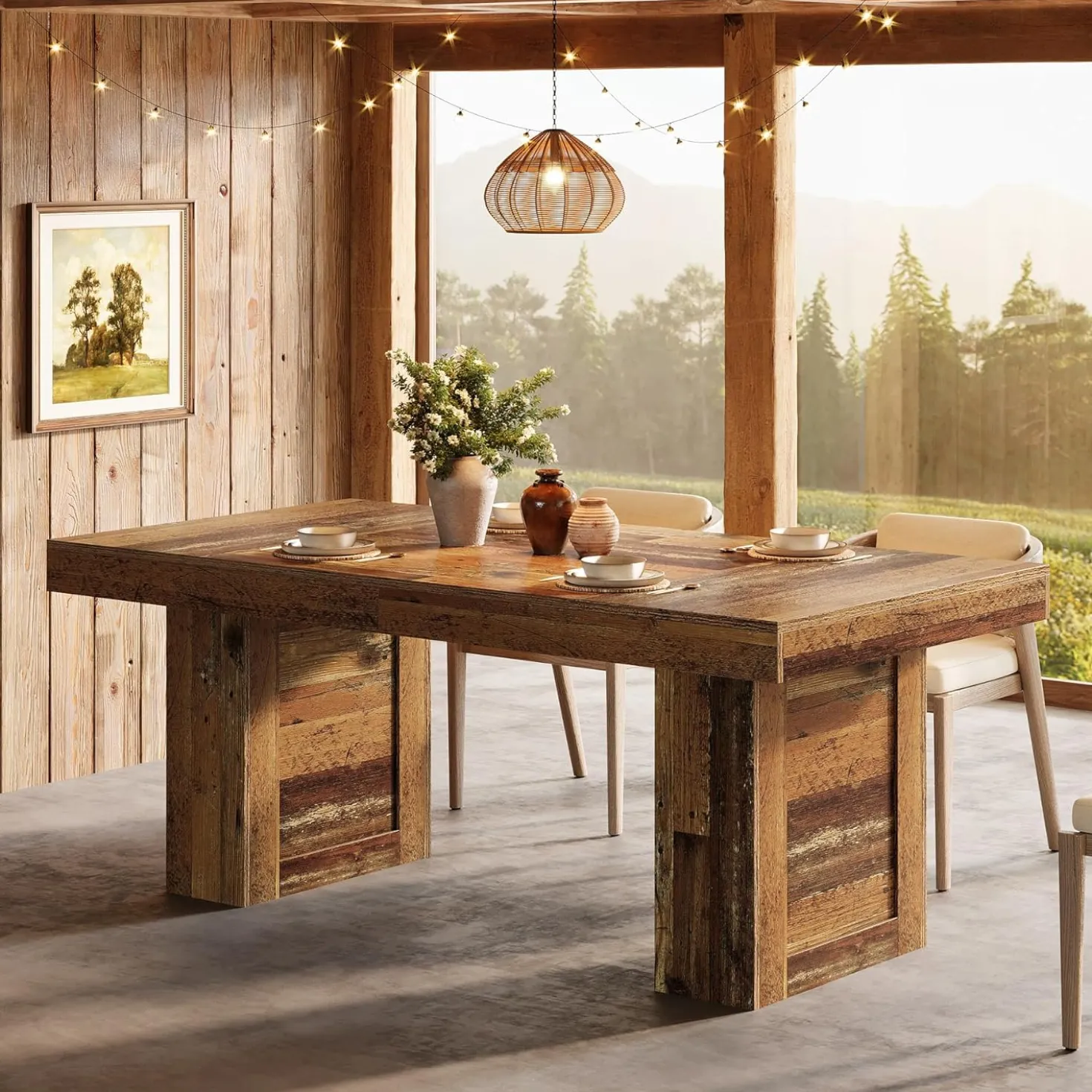 63" Dining Table, Rectangle Farmhouse Kitchen Dinner Table for 6 People