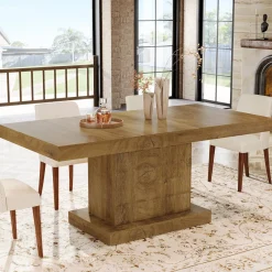 63" Dining Table, Rectangular Kitchen Table with Geometric Relief for 4-6