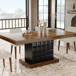 63" Dining Table, Rectangular Kitchen Table with Geometric Relief for 4-6