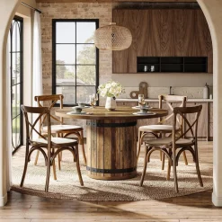 39.37" Dining Table, Round Kitchen Table with Fence Pedestal Base for 4 People