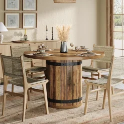 39.37" Dining Table, Round Kitchen Table with Fence Pedestal Base for 4 People