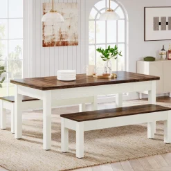 55" Dining Table Set, 3 Pieces Wood Kitchen Table with 2 Benches