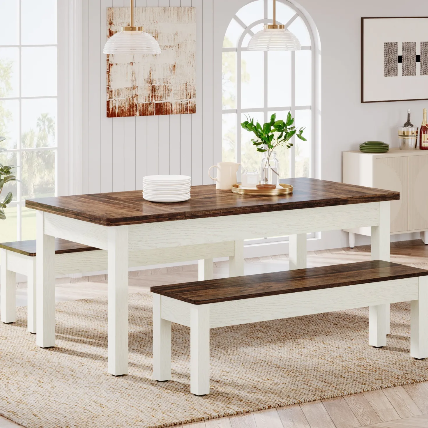 55" Dining Table Set, 3 Pieces Wood Kitchen Table with 2 Benches