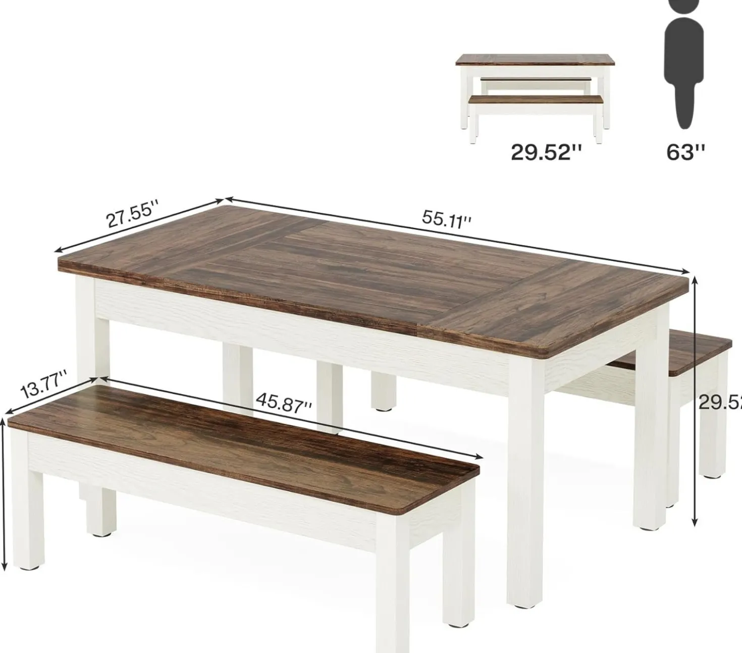 55" Dining Table Set, 3 Pieces Wood Kitchen Table with 2 Benches