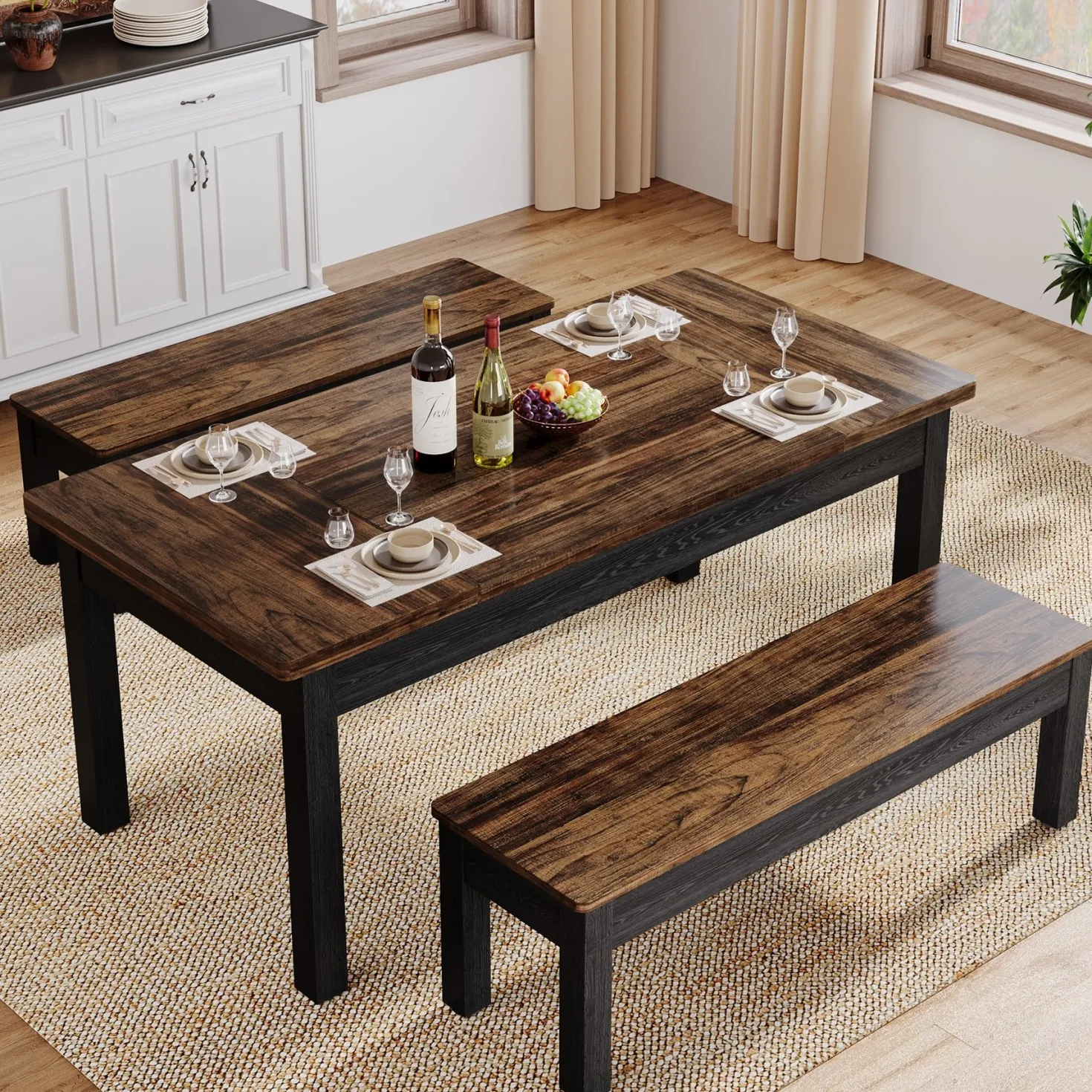 55" Dining Table Set, 3 Pieces Wood Kitchen Table with 2 Benches