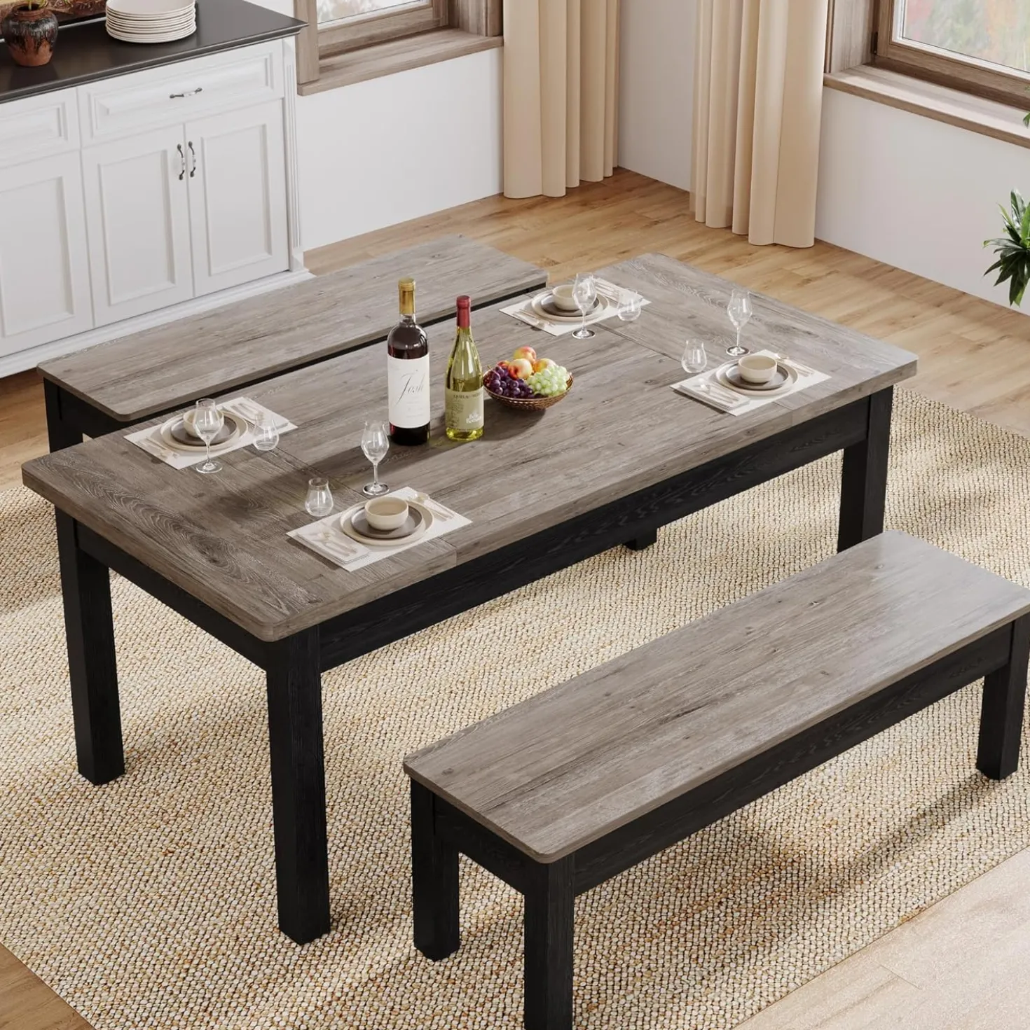 55" Dining Table Set, 3 Pieces Wood Kitchen Table with 2 Benches