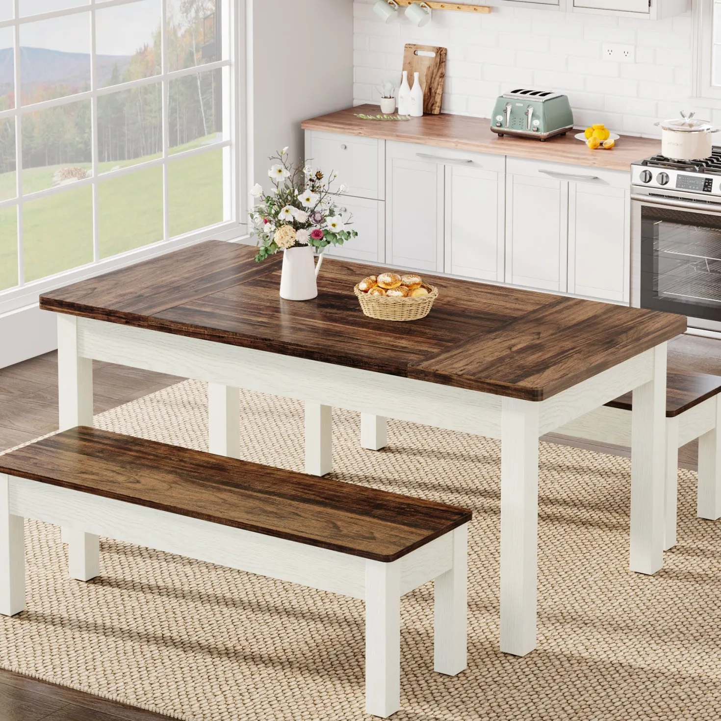55" Dining Table Set, 3 Pieces Wood Kitchen Table with 2 Benches