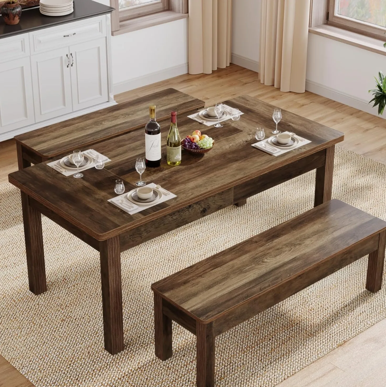 55" Dining Table Set, 3 Pieces Wood Kitchen Table with 2 Benches