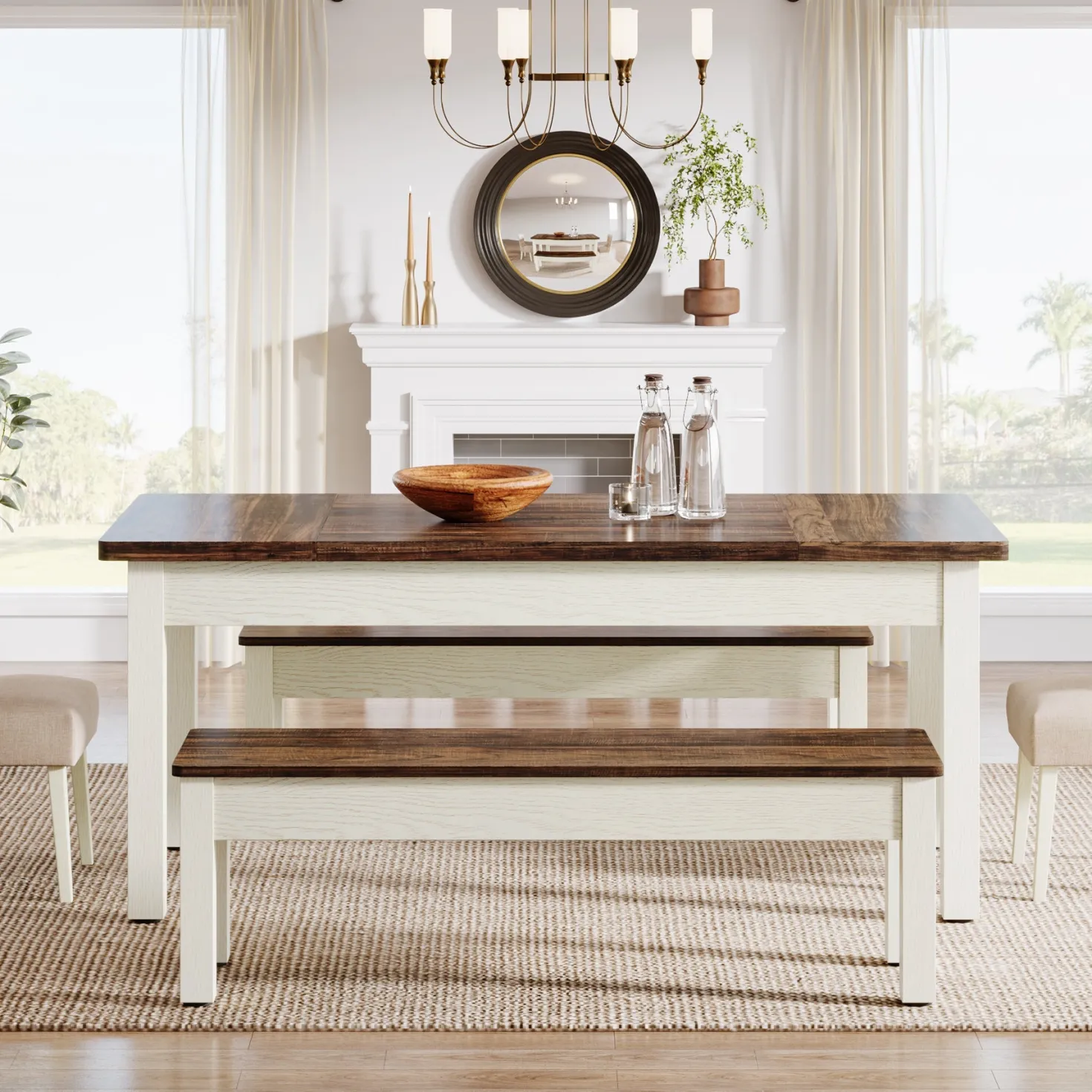 55" Dining Table Set, 3 Pieces Wood Kitchen Table with 2 Benches