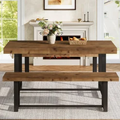55" Dining Table Set, Solid Wood 3-Piece Rectangle Dinette Set with 2 Benches