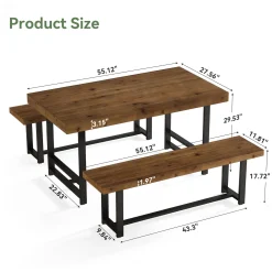 55" Dining Table Set, Solid Wood 3-Piece Rectangle Dinette Set with 2 Benches