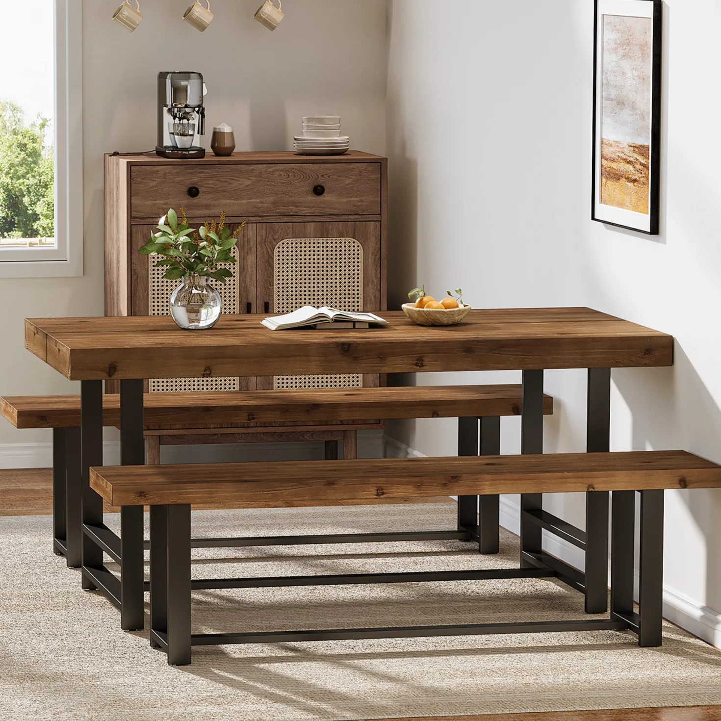 55" Dining Table Set, Solid Wood 3-Piece Rectangle Dinette Set with 2 Benches