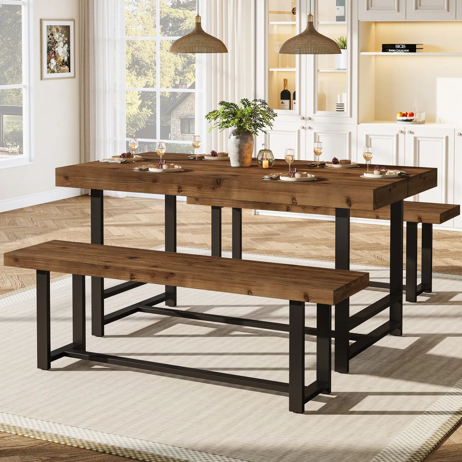55" Dining Table Set, Solid Wood 3-Piece Rectangle Dinette Set with 2 Benches