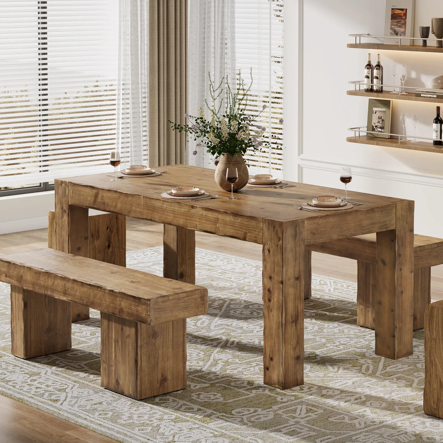 63" Dining Table, Solid Wood Dinner Kitchen Table For 4 To 6