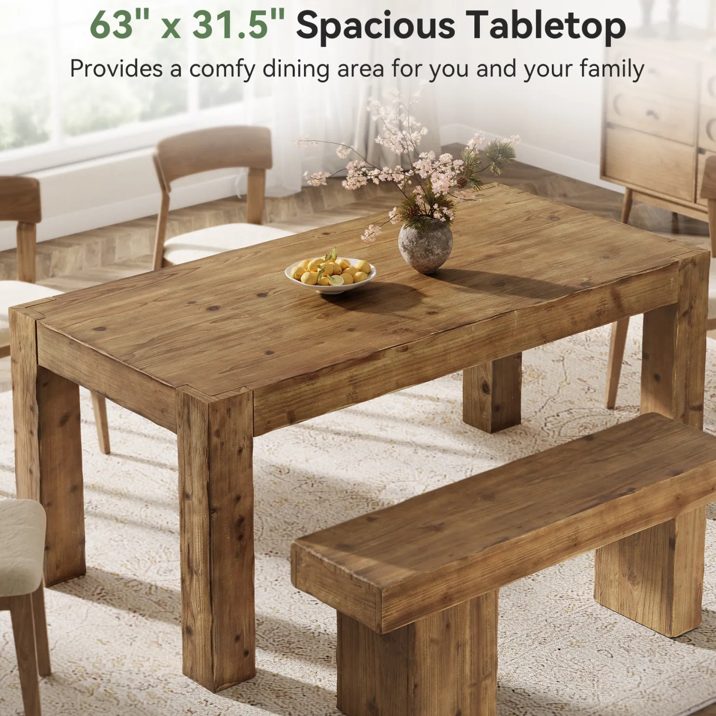 63" Dining Table, Solid Wood Dinner Kitchen Table For 4 To 6