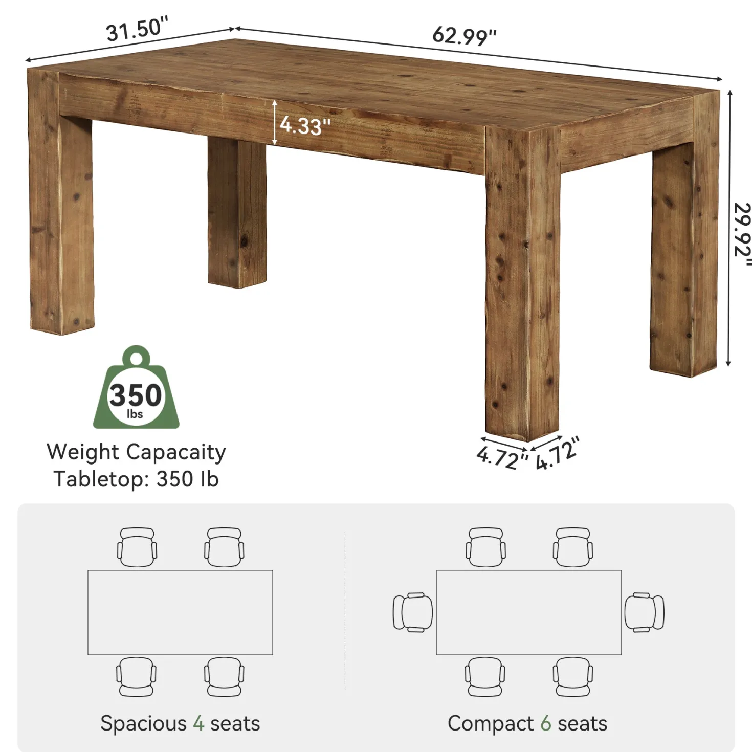 63" Dining Table, Solid Wood Dinner Kitchen Table For 4 To 6