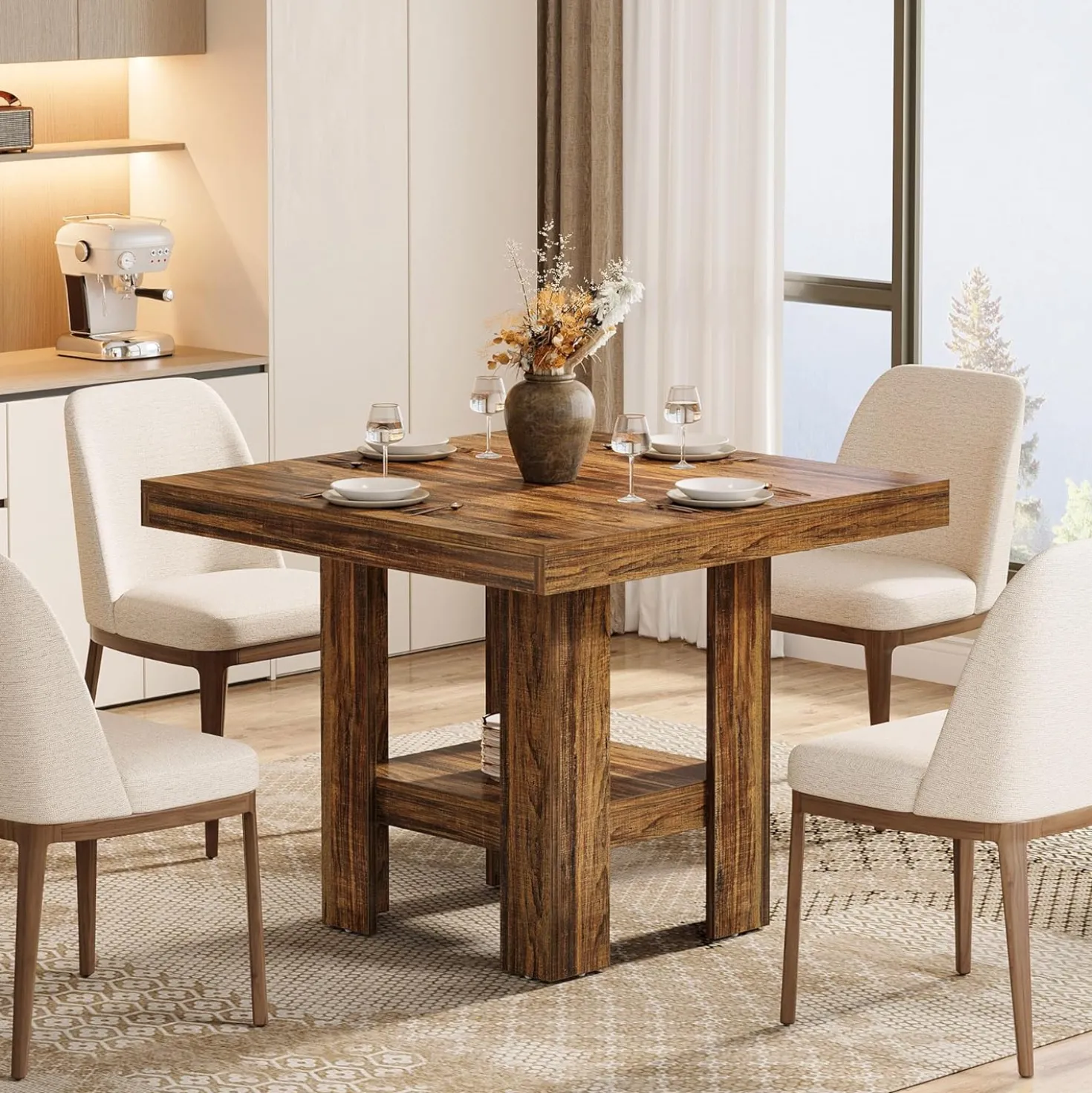 31.5" Dining Table, Square Kitchen Table with Shelf Storage for 4