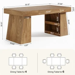 55" Dining Table, Wooden Kitchen Dinner Table with Storage Drawer for 4-6 People