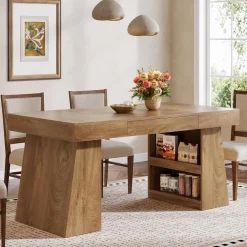 55" Dining Table, Wooden Kitchen Dinner Table with Storage Drawer for 4-6 People