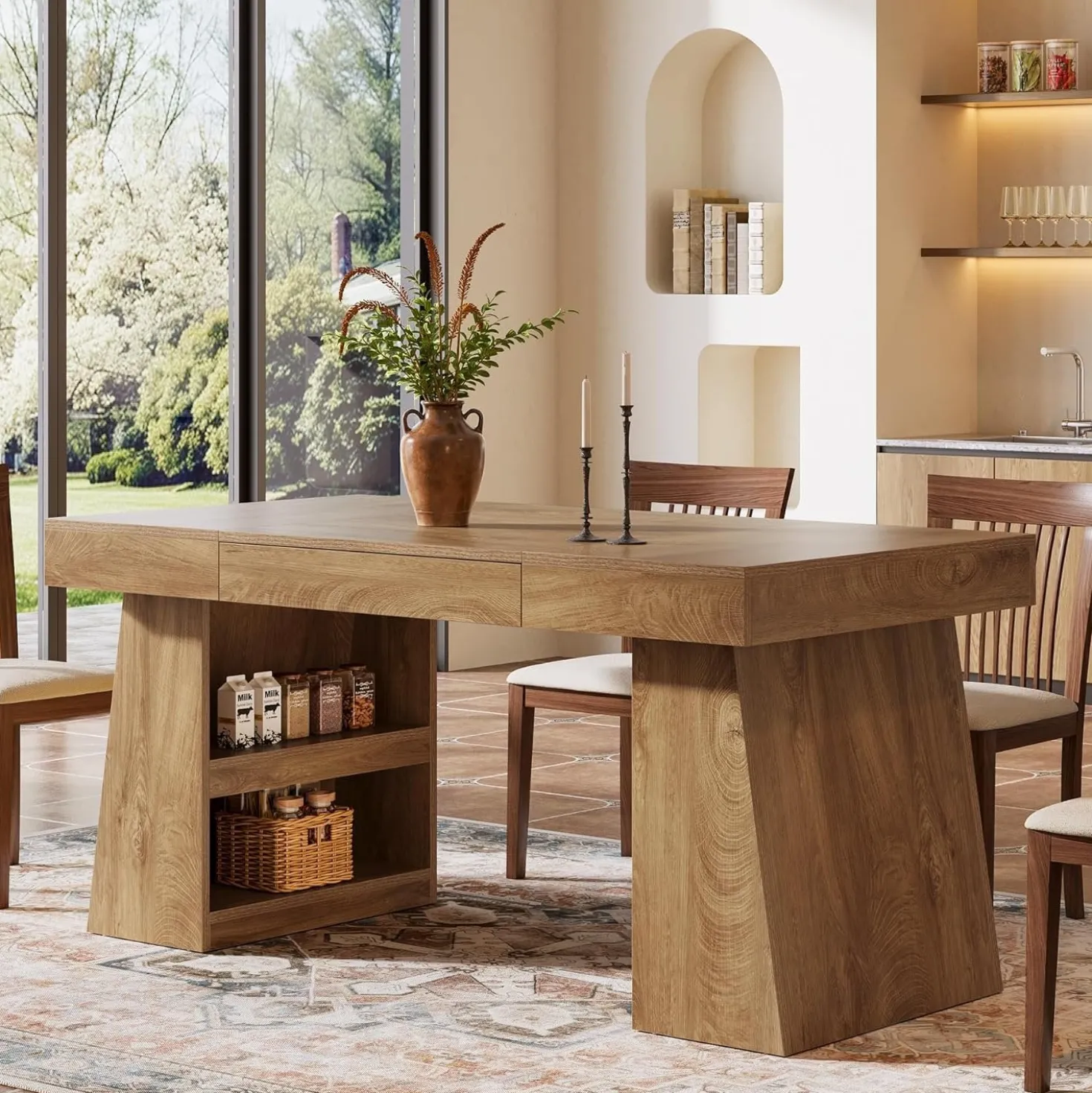 55" Dining Table, Wooden Kitchen Dinner Table with Storage Drawer for 4-6 People