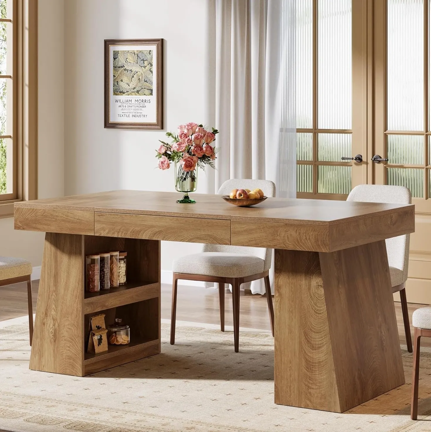 55" Dining Table, Wooden Kitchen Dinner Table with Storage Drawer for 4-6 People