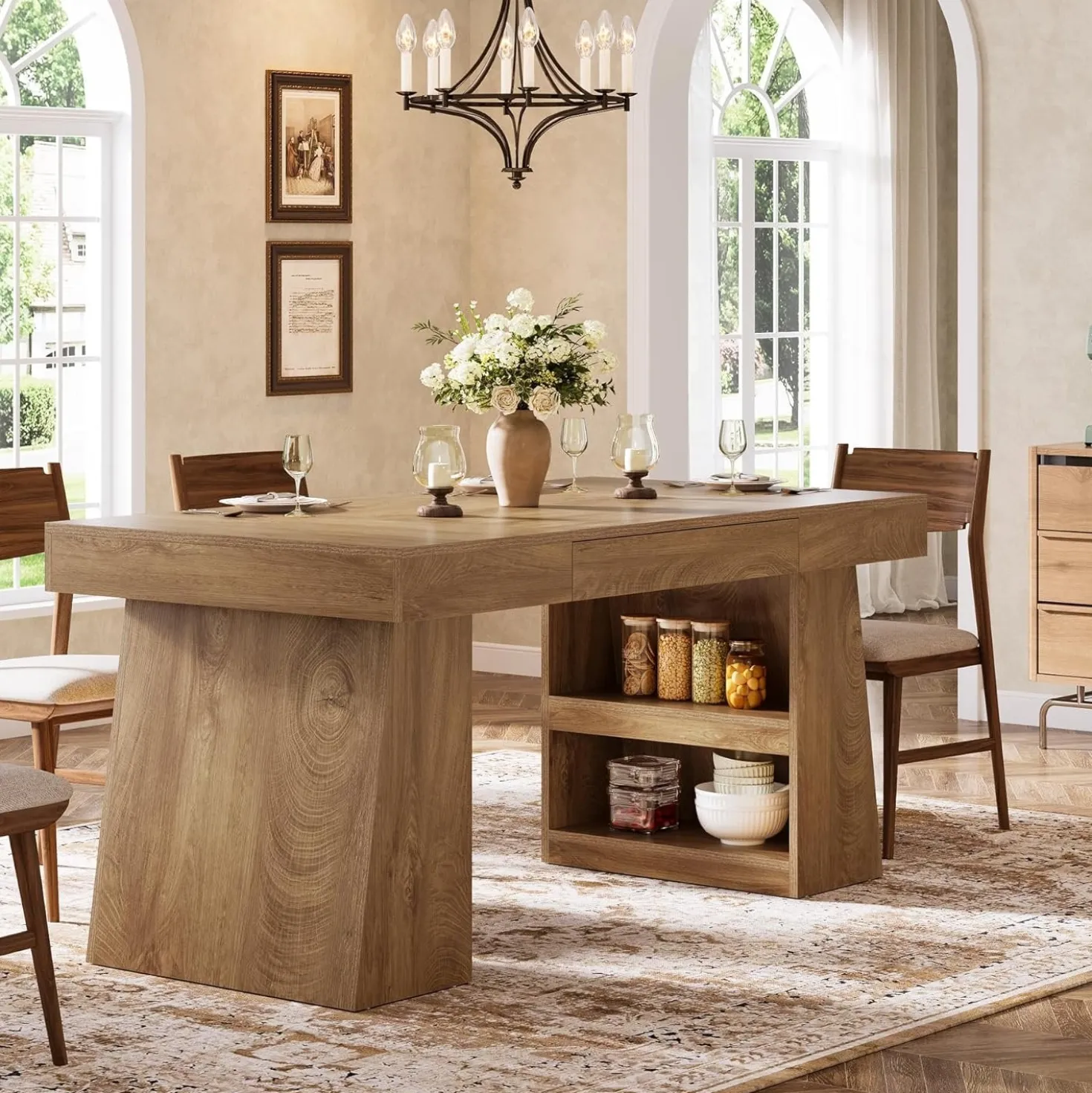 55" Dining Table, Wooden Kitchen Dinner Table with Storage Drawer for 4-6 People