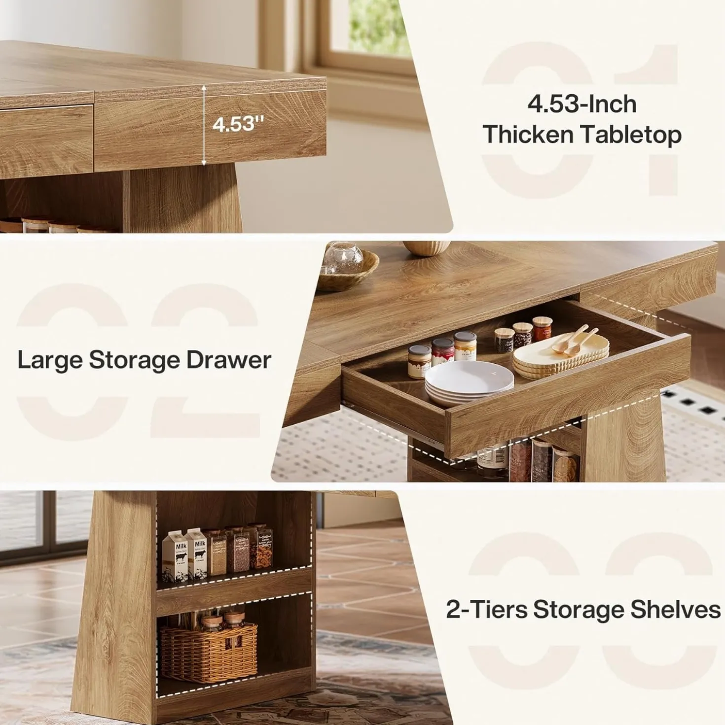 55" Dining Table, Wooden Kitchen Dinner Table with Storage Drawer for 4-6 People