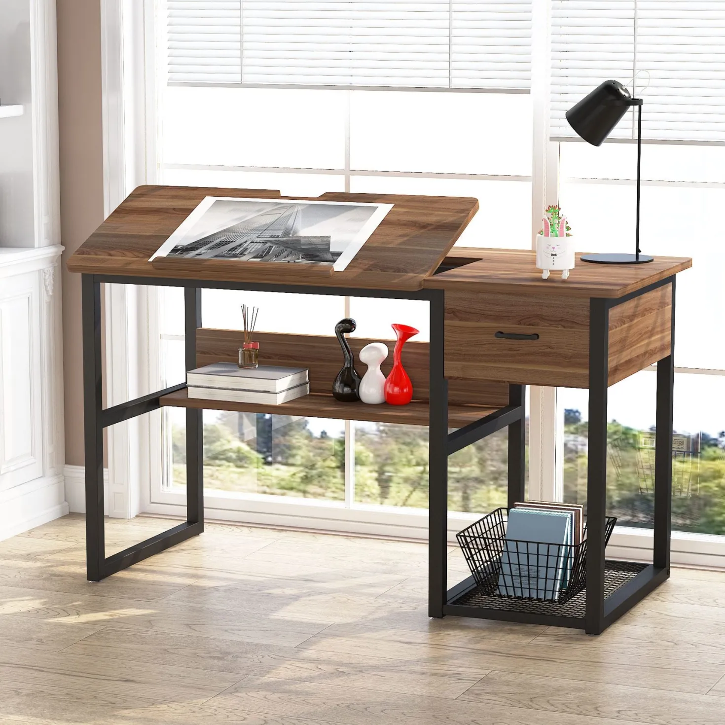 47.2" Drafting Table, Drawing Computer Desk with Storage Drawers