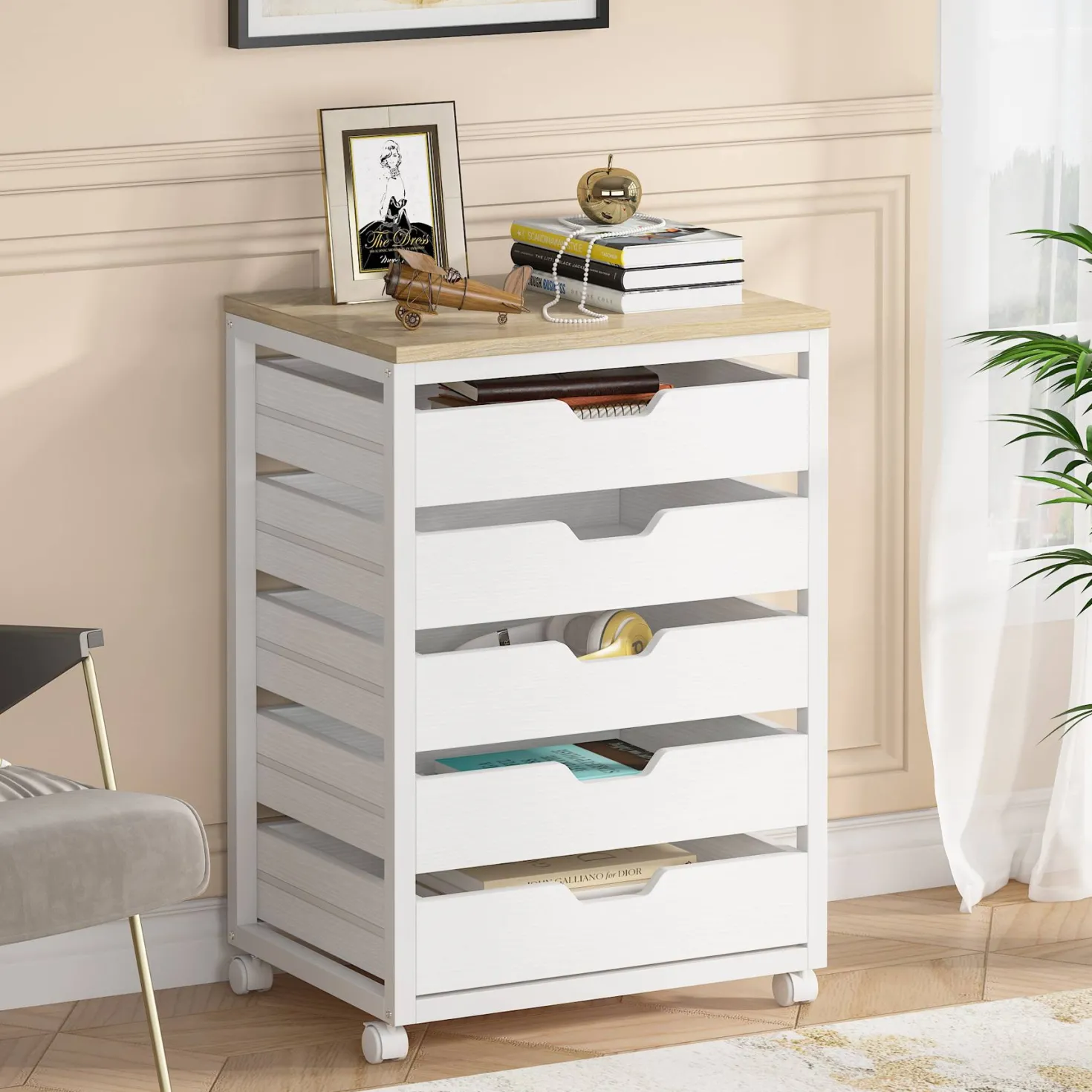 5/7 Drawer Chest, Wooden Storage Dresser Cabinet with Wheels