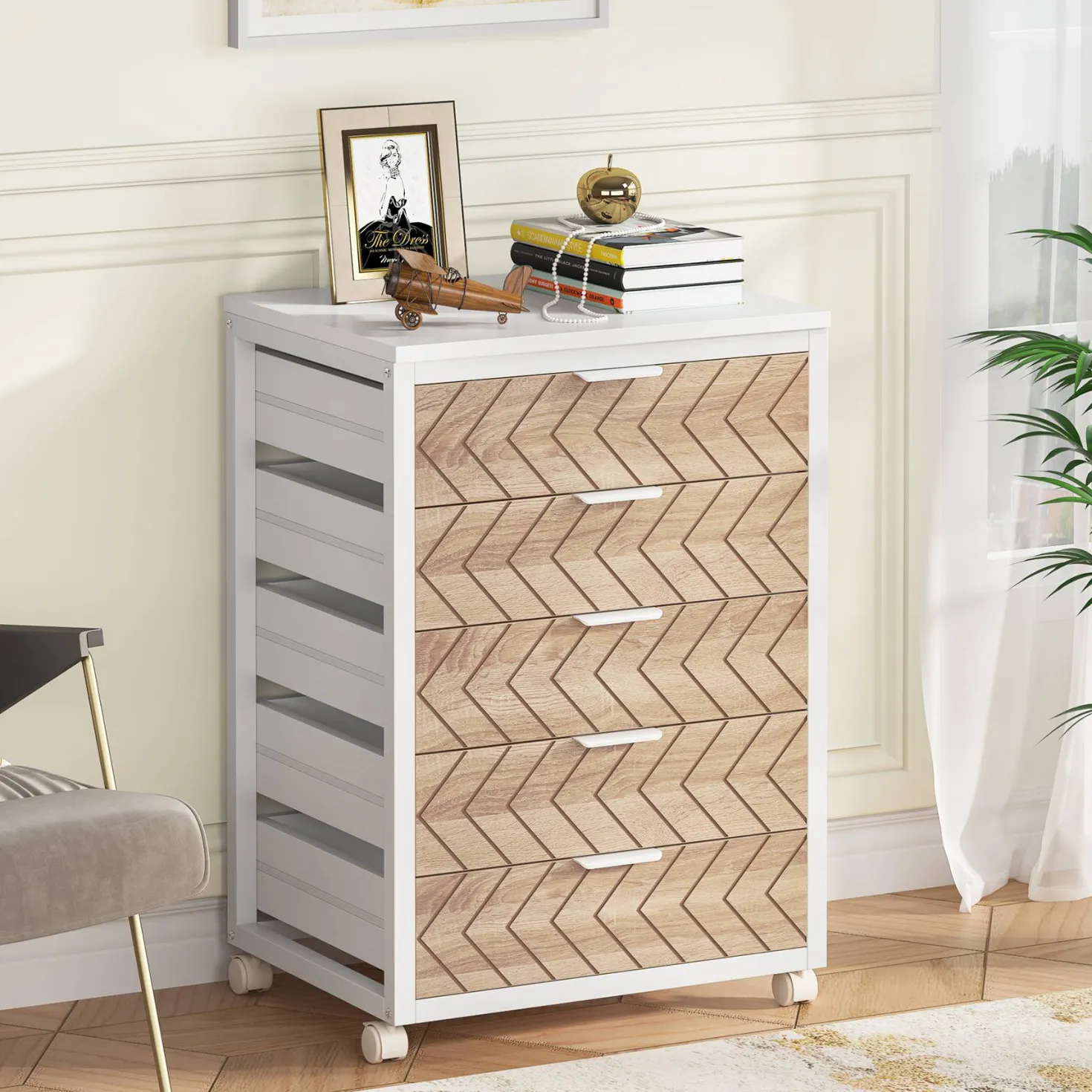 5/7 Drawer Chest, Wooden Storage Dresser Cabinet with Wheels