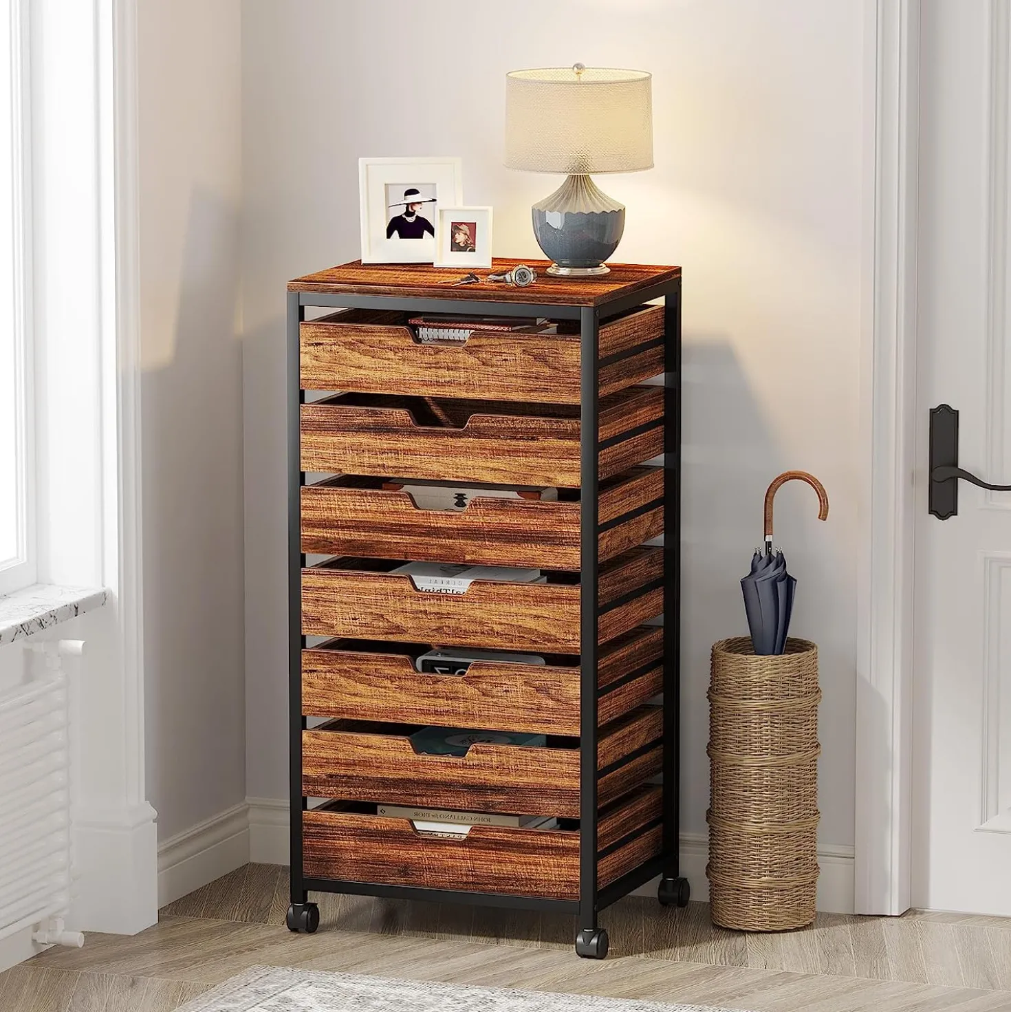 5/7 Drawer Chest, Wooden Storage Dresser Cabinet with Wheels