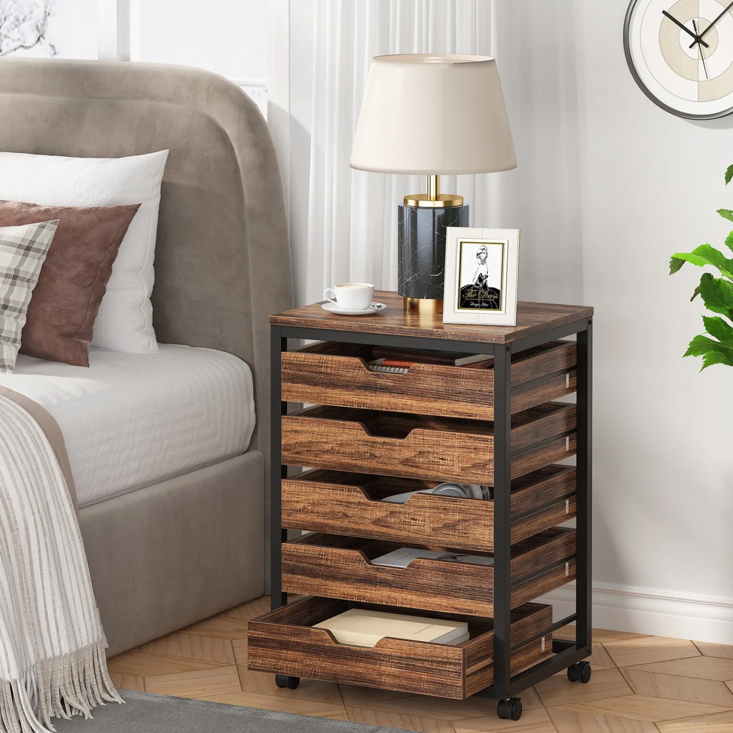 5/7 Drawer Chest, Wooden Storage Dresser Cabinet with Wheels